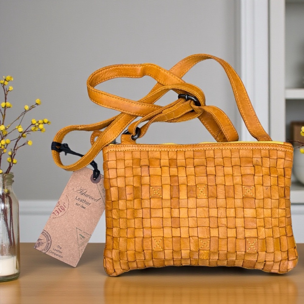Elegant Woven Leather Crossbody Bag in Tan NWT